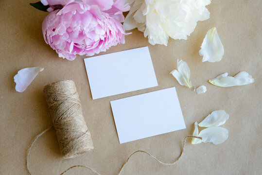 Business cards mockup with peonies, business card photo, floral business card template, jpg
