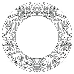 wreath with flowers and leaves drawn for coloring on a white background, vector, with space for text