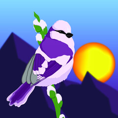 Vector illustration of a cute lilac tit on a branch of spring fur seals against the backdrop of the sunset mountains and the setting sun