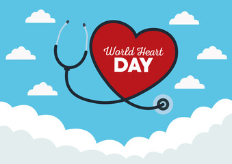 world heart day lettering with stethoscope in sky background