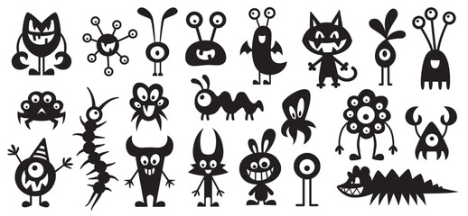 Halloween monster silhouettes collection. Cute and funny creatures. Black and white illustration © Ирина Яшкирева
