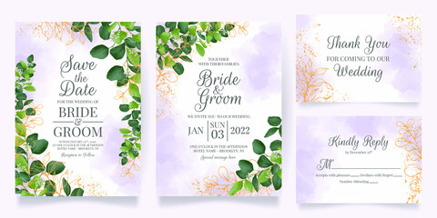 watercolor creamy wedding invitation card template set with golden floral decoration 