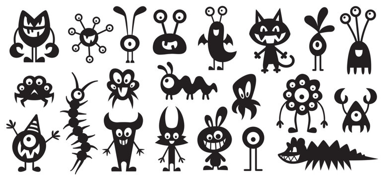 Halloween monster silhouettes collection. Cute and funny creatures. Black and white illustration