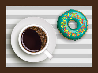 Cup of coffee on warfare dish, donut in glaze. Breakfast image, top view. Morning drink with sweetness. Hot coffee cup on white platter, donut glaze. Light snack top banner. Still life dessert