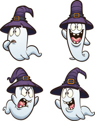 Halloween cartoon ghost with witch hat and different expressions. Vector clip art illustration. Each on a separate layer.
