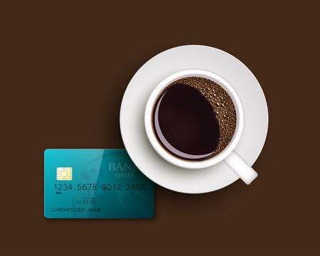 Cup of coffee on warfare dish, bank chip card. Breakfast image, top view. Morning drink coffe and plastic credit card. Hot coffee cup on white platter, debit card top banner. cashless payment