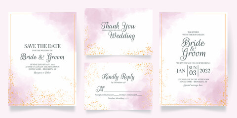 watercolor creamy wedding invitation card template set with golden floral decoration 