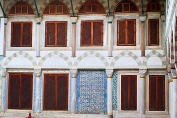 Istanbul Turkey. The decorative arches and tile work of Fourth Courtyard at Topkapi Palace Museum.