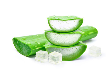 Fresh Aloe vera sliced with cube gel isolated on white background.