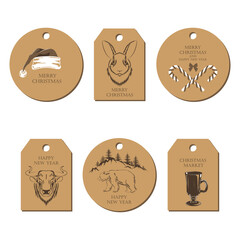 Set of vector tags for Christmas gifts and winter market. Illustrations in retro style.