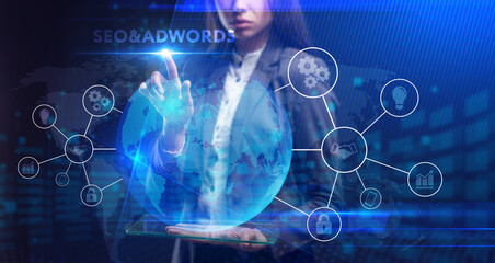 Business, Technology, Internet and network concept. Young businessman working on a virtual screen of the future and sees the inscription: