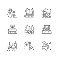 Urban agriculture linear icons set. Environmental improvement. Street landscaping. Watering plants. Customizable thin line contour symbols. Isolated vector outline illustrations. Editable stroke