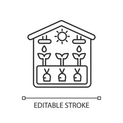 Greenhouse linear icon. Crop from glasshouse. Harvest in hothouse. Gardening structure. Thin line customizable illustration. Contour symbol. Vector isolated outline drawing. Editable stroke