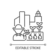Urban farm linear icon. Gardener production. Worker cultivate plant. Sustainable production. Thin line customizable illustration. Contour symbol. Vector isolated outline drawing. Editable stroke