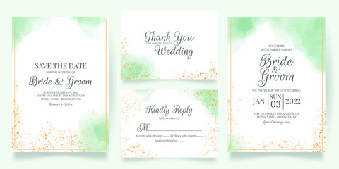 watercolor creamy wedding invitation card template set with golden floral decoration 