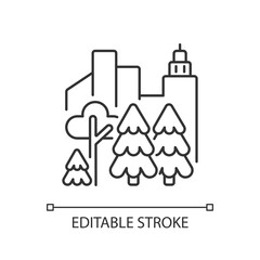 Naklejka premium Urban forest linear icon. Public city park. Tree grow in town district. Modern eco location. Thin line customizable illustration. Contour symbol. Vector isolated outline drawing. Editable stroke