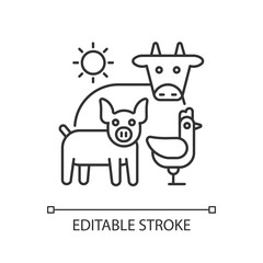 Animal husbandry linear icon. Farm livestock. Breeding cattle. Farmland production. Thin line customizable illustration. Contour symbol. Vector isolated outline drawing. Editable stroke