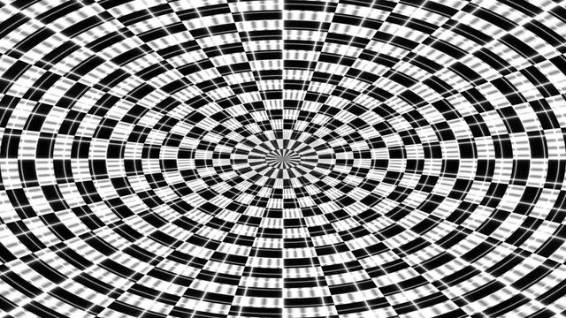 Symmetrical Optical Spiral turning round the middle point. Abstract moving circles and square buttons in net with black and white stripes.
