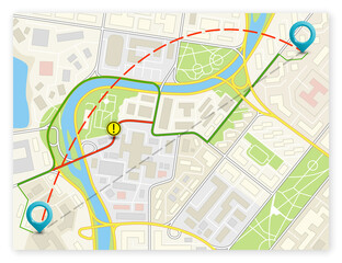 City map navigation route, color point markers design background, flat drawing schema, simple city plan GPS navigation, itinerary destination arrow paper city map. Route delivery check point graphic