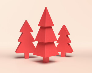 A Group of cutout hard edge pine trees, monochrome red color on white background, solid flat colors,3d Rendering