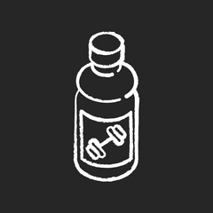 Sports drink chalk white icon on black background. Bottled protein. Beverage for workout energy. Product for athlete. Energetic nourishment for bodybuilding. Isolated vector chalkboard illustration