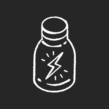 Energy shot chalk white icon on black background. Caffeinated beverage. Drink for stamina. Booze in glass bottle. Product to boost vitality. Bottled liquid. Isolated vector chalkboard illustration
