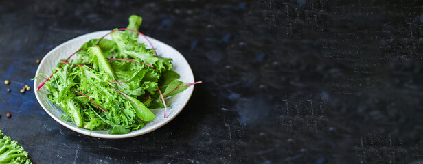 salad green tasty leaves raw mix micro greens serving size natural juicy snack. food background keto or paleo diet