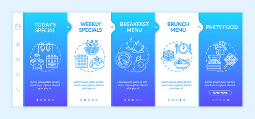 Special offers onboarding vector template. Types of offered dishes.Lots of different tasty food. Responsive mobile website with icons. Webpage walkthrough step screens. RGB color concept