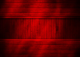  Red abstract wood background with boards, billboard with rays of light.3d illustration
