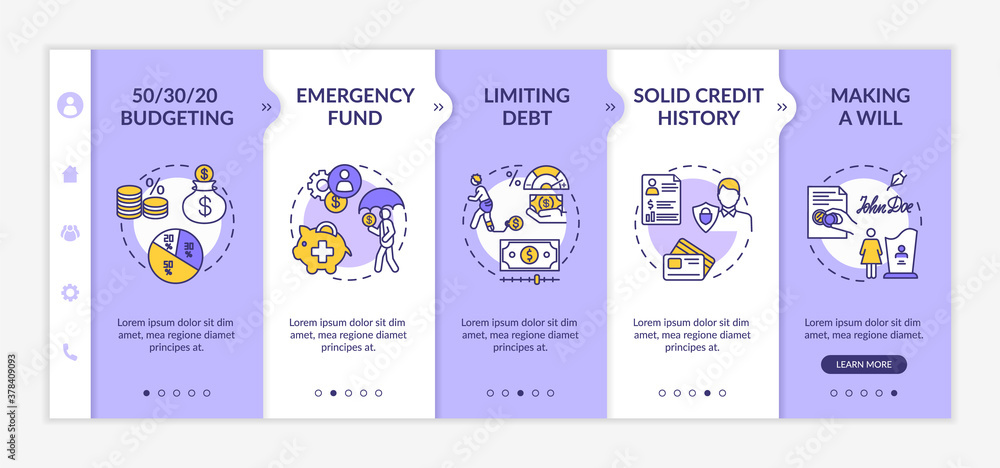 Aufkleber best savings strategies onboarding vector template. emergency fund. limiting debt. part budgeting. r