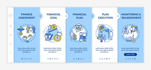Financial planning process onboarding vector template. Budget goal. Wealthy life. Money plan. Responsive mobile website with icons. Webpage walkthrough step screens. RGB color concept