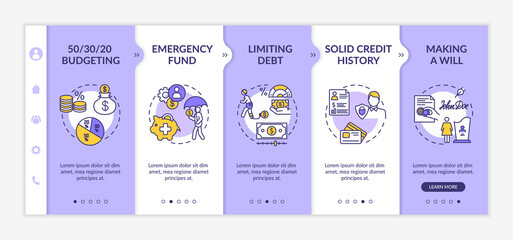 Best savings strategies onboarding vector template. Emergency fund. Limiting debt. Part budgeting. Responsive mobile website with icons. Webpage walkthrough step screens. RGB color concept