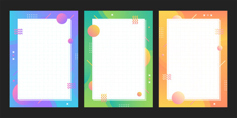 Gradient Memphis style template collection in A4 Scale. Set of abstract creative concept background for prints, banner or ads with copy space for text. Modern vector graphic design illustration.