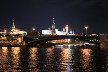 Panorama of the Moscow Kremlin at night. Night city lights