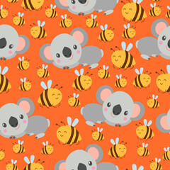 Seamless pattern with koala babies and yellow bees. Orange background. Floral ornament. Flat сartoon style. Cute and funny. For kids postcards, textile, wallpaper and wrapping paper. Spring and summer