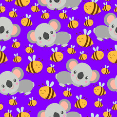 Seamless pattern with koala babies and yellow bees. Violet background. Floral ornament. Flat сartoon style. Cute and funny. For kids postcards, textile, wallpaper and wrapping paper. Spring and summer