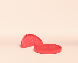sliced lemmon pieces with monochrome flat solid red color in white background, 3d Icon, 3D rendering, salad