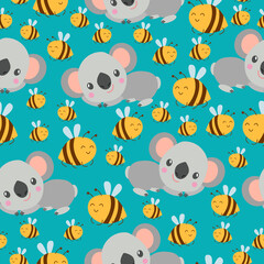 Seamless pattern with koala babies and yellow bees. Green background. Floral ornament. Flat сartoon style. Cute and funny. For kids postcards, textile, wallpaper and wrapping paper. Spring and summer