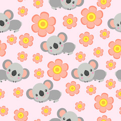 Seamless pattern with koala babies and pink flowers. Pink background. Floral ornament. Flat сartoon style. Cute and funny. For kids postcards, textile, wallpaper and wrapping paper. Spring and summer