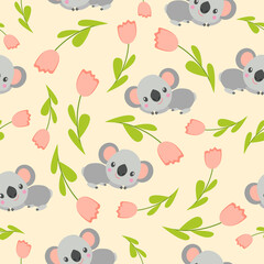 Seamless pattern with koala babies and pink tulips. Peach background. Floral ornament. Flat сartoon style. Cute and funny. For kids postcards, textile, wallpaper and wrapping paper. Spring and summer