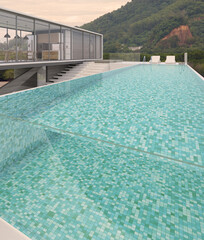 Sea view swimming pool in modern loft design,Luxury ocean Beach house, 3d rendering