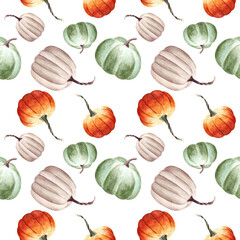 Seamless pattern with pumkins on white background. Watercolor illustration.