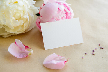 Business card mockup , business card mockup with flowers, pink and white peonies,jpg