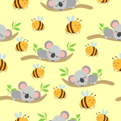 Seamless pattern with koala babies sleeping on eucalyptus branches and yellow bees. Yellow background. Flat design. Cartoon style. Cute and funny. For kids textile, wallpaper and wrapping paper