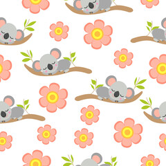 Seamless pattern with koala babies sleeping on eucalyptus branches and pink flowers. Floral ornament. Flat design. Cartoon style. Cute and funny. For kids textile, wallpaper and wrapping paper