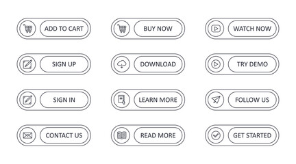 Vector call to action buttons with icons. Add to cart get started watch now. Read more learn more. Contact us follow us download icon. Try demo sign in sign up buy now. Editable stroke
