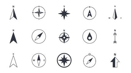 Vector compass icons. North south west and east. Wind rose icon, north arrow. Black and white symbols. Editable stroke - 378410253