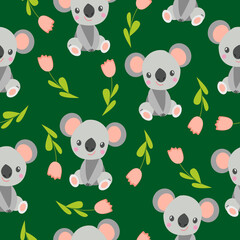 Seamless pattern with koala babies and pink flowers. Green background. Floral ornament. Flat cartoon style. Cute and funny. For kids postcards, textile, wallpaper and wrapping paper. Spring and summer