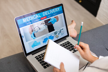 Woman Choosing Medication Online Pharmac. Purchase of drugs and medicine online.