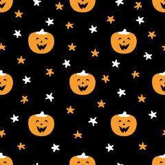 Cute festive pattern with pumpkin and stars. Halloween vector illustration is great for festive background, decoration, cards, wallpaper, digital paper, wrapping, prints, fabrics, textile designs.